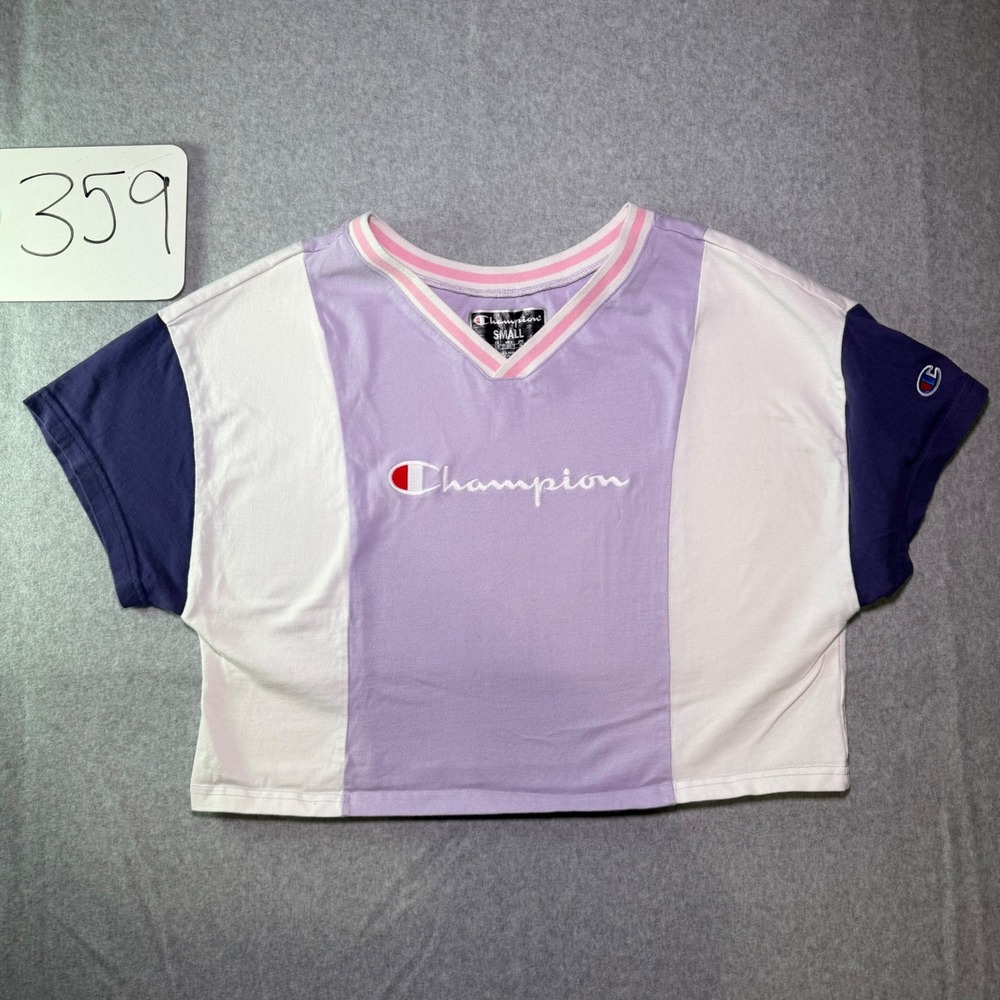 Champion Womens Colorblock V-Neck Crop Top Purple White Navy Small